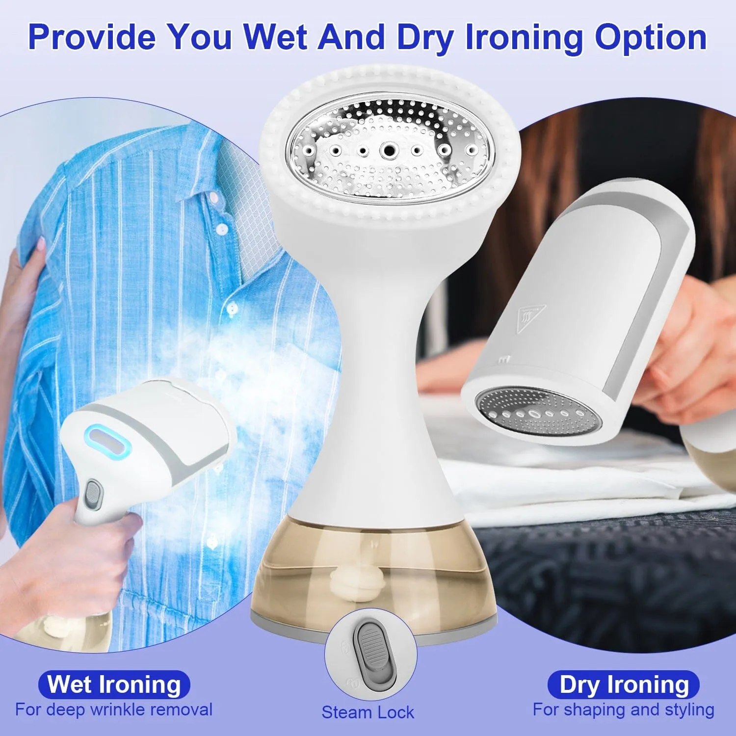 1500W Garment Steamer Portable Handheld Fabric Steamer with Lint Brush Removable 350ml Water Tank
