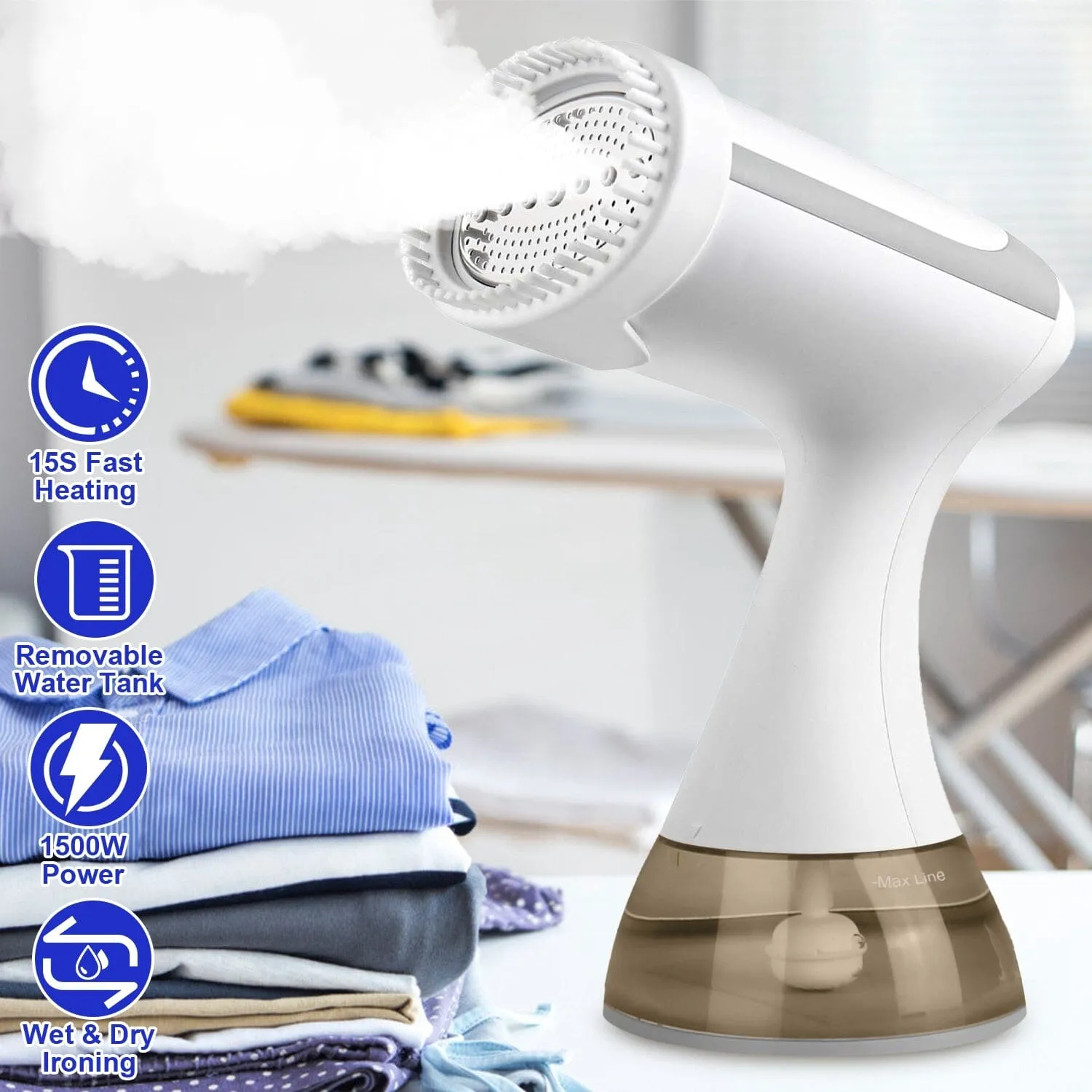 1500W Garment Steamer Portable Handheld Fabric Steamer with Lint Brush Removable 350ml Water Tank