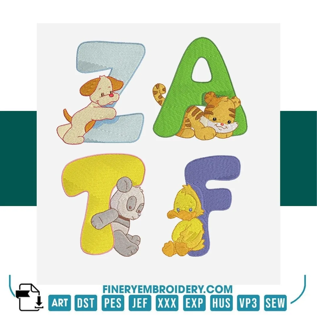 Adorable Animal Alphabet Embroidery Design Pack – 26 Letters | FineryEmbroidery