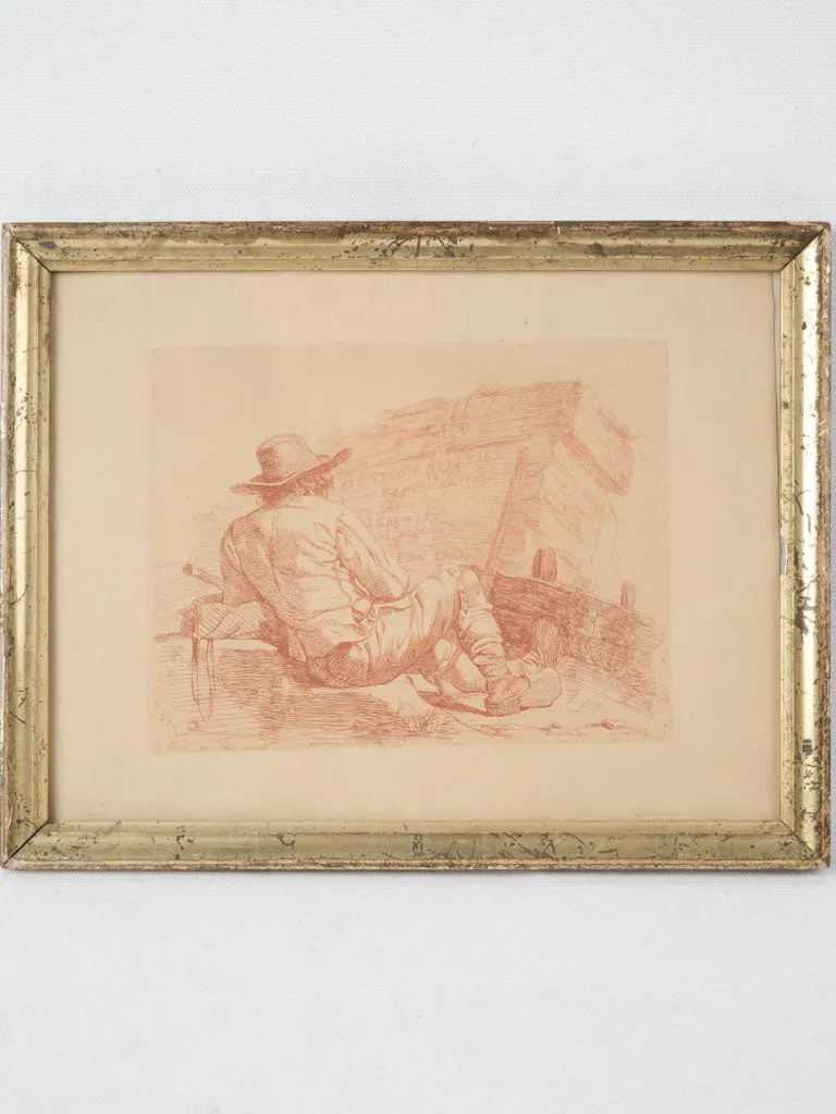 Antique drawing of a man resting before headstone 9¾" x 13"