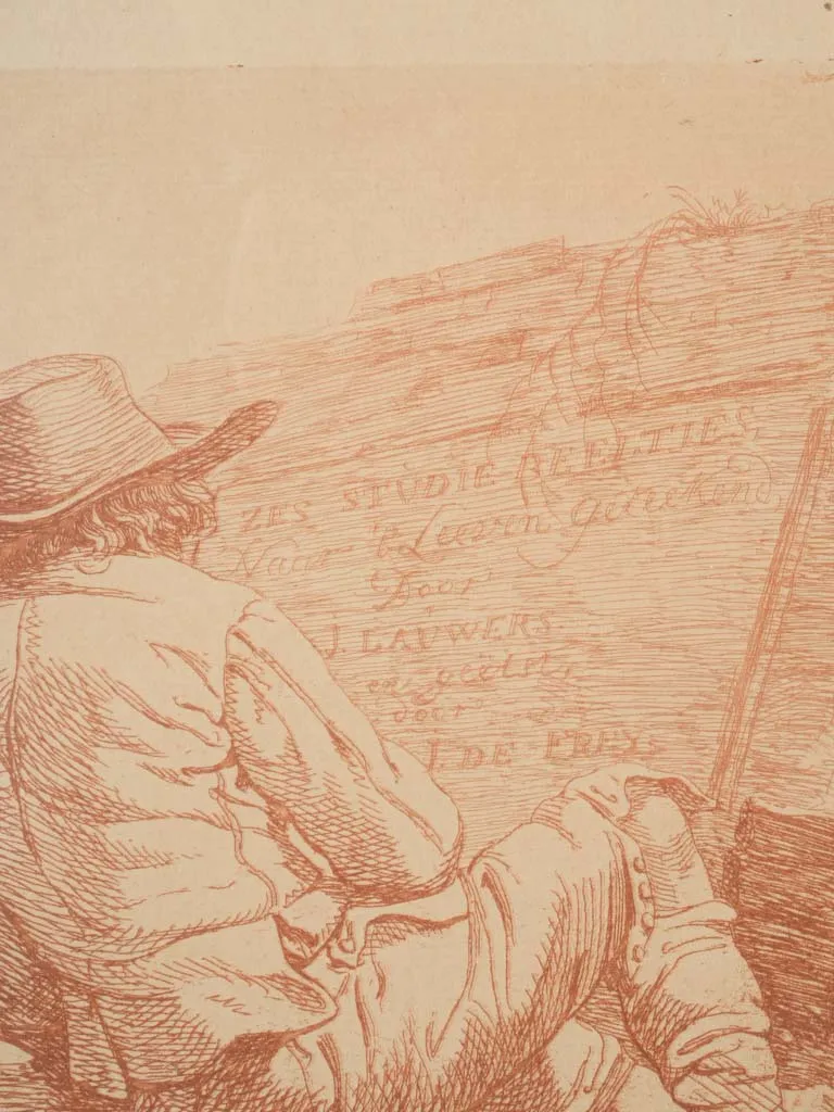 Antique drawing of a man resting before headstone 9¾" x 13"