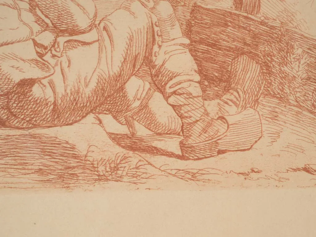 Antique drawing of a man resting before headstone 9¾" x 13"