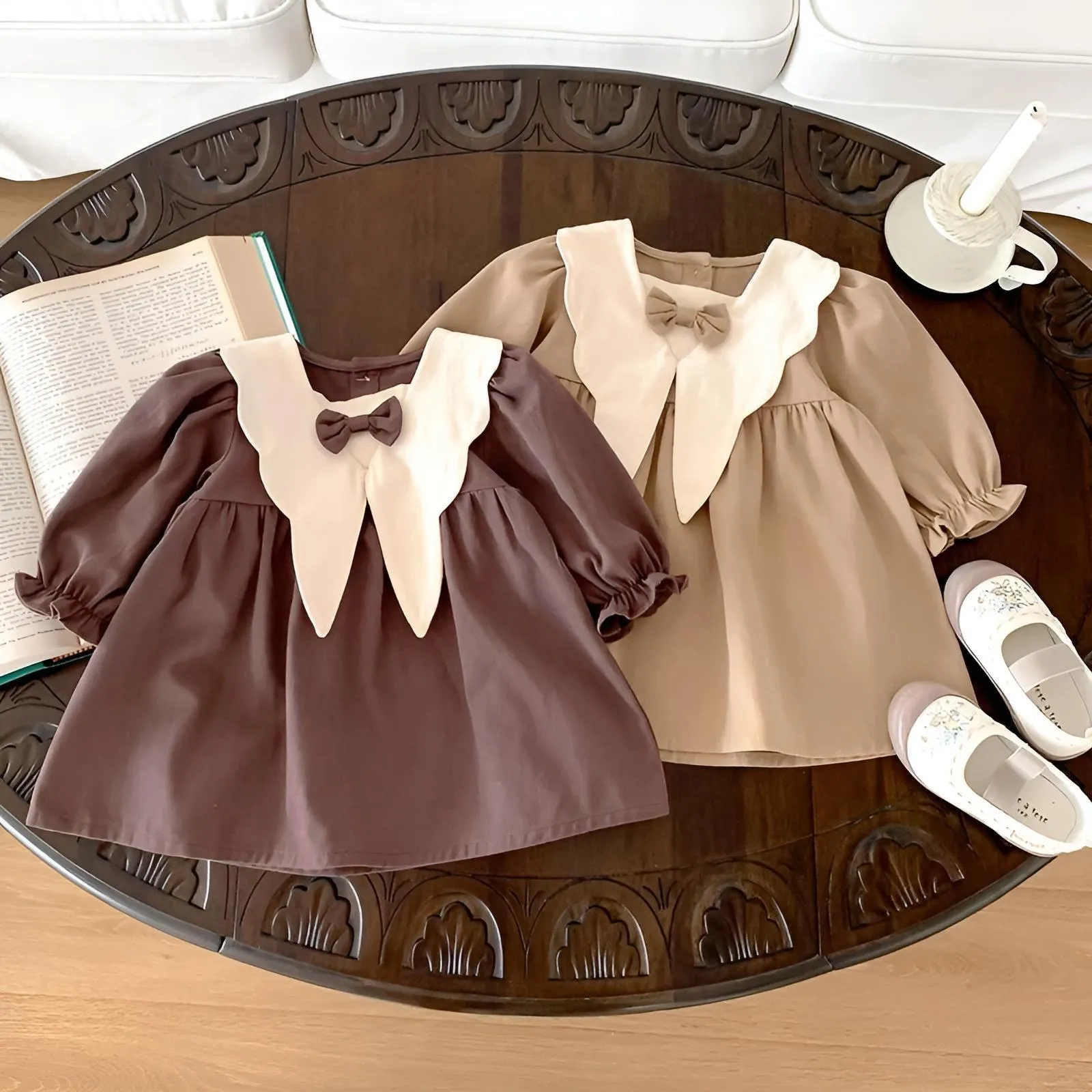 Autumn Baby Girls Dress Casual Bow Clothes Spring Cotton Girls Princess Dress Big Turn Down Collar Dress Girls Clothes