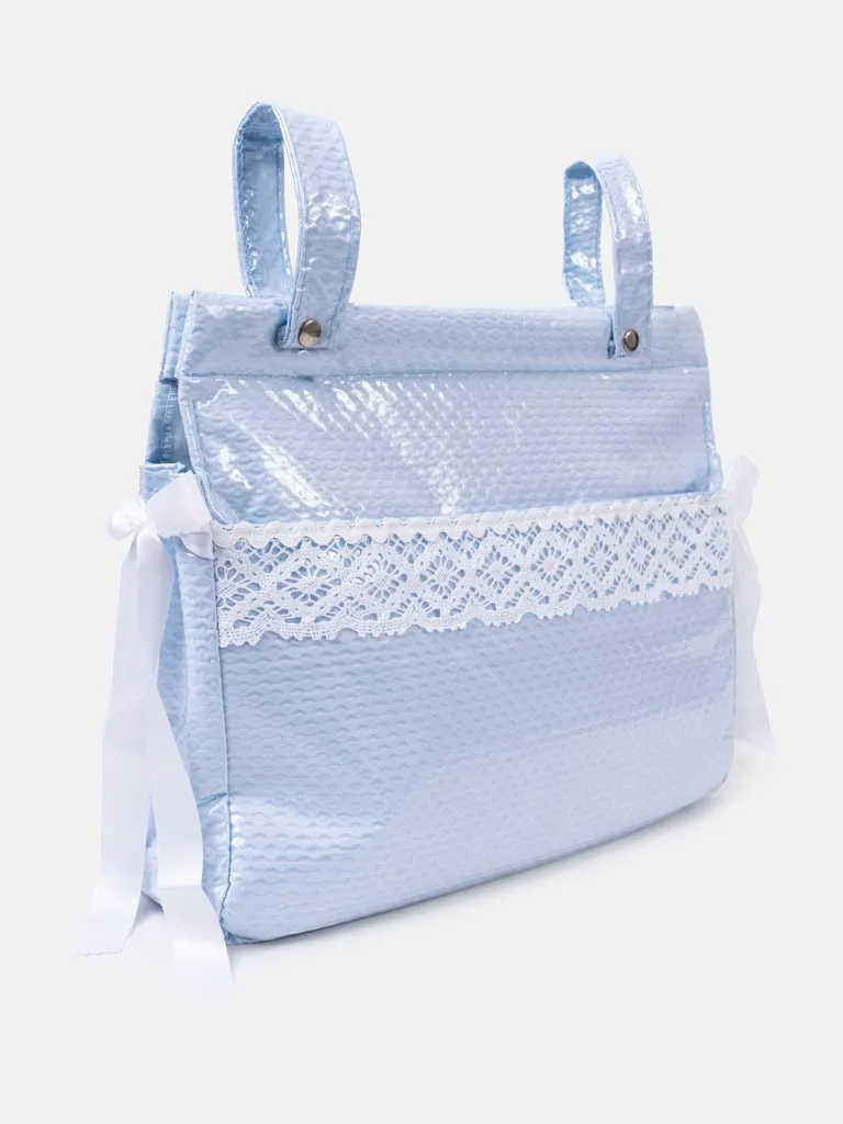 Baby Blue Lace-Trimmed Changing Bag With Ribbon White