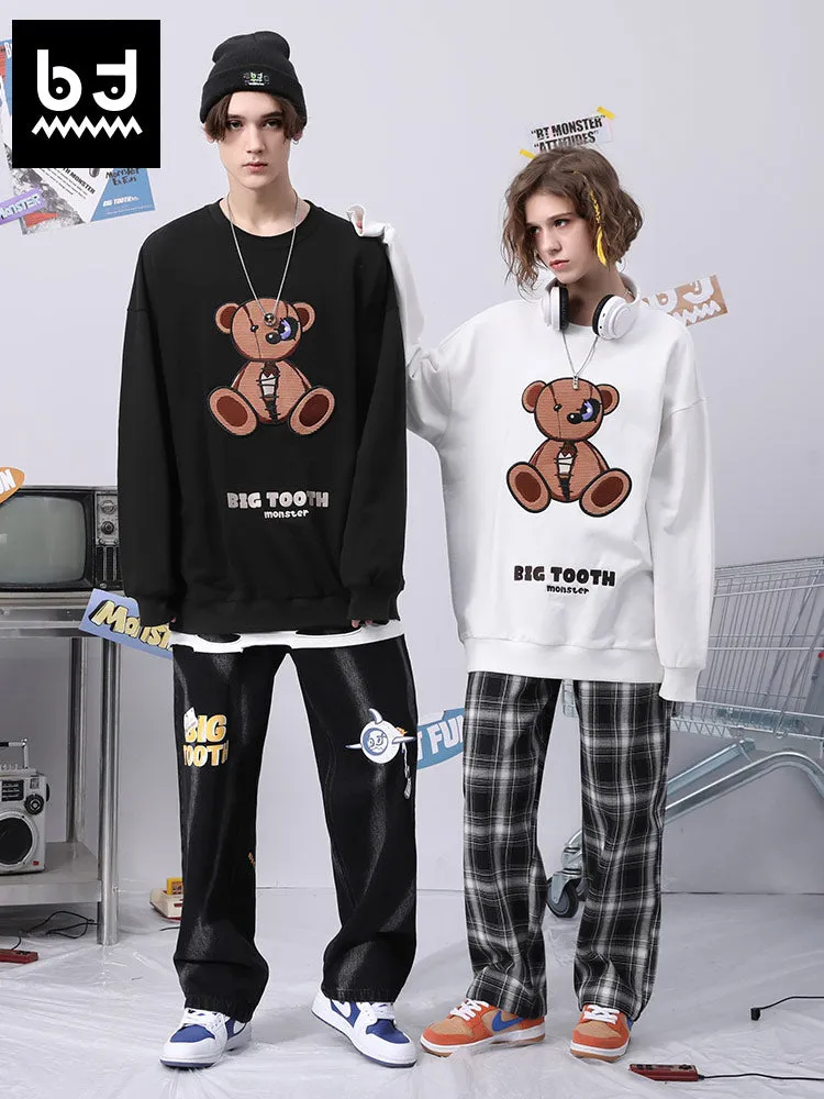 Bear doll monogram embroidered rotund sleeve ribbed cotton hoodie