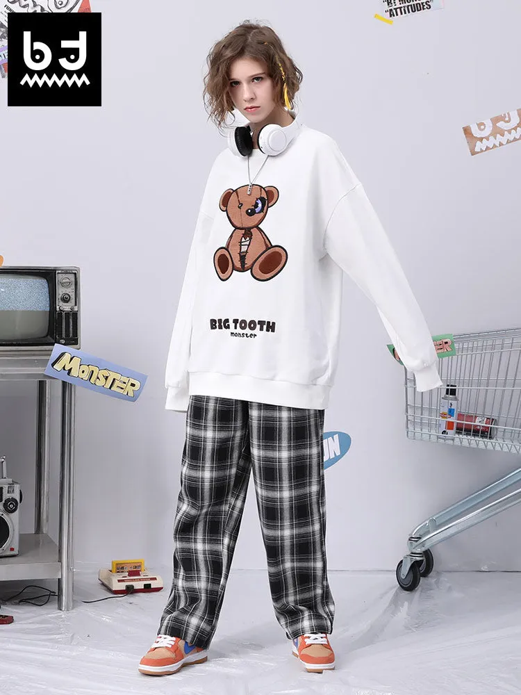 Bear doll monogram embroidered rotund sleeve ribbed cotton hoodie