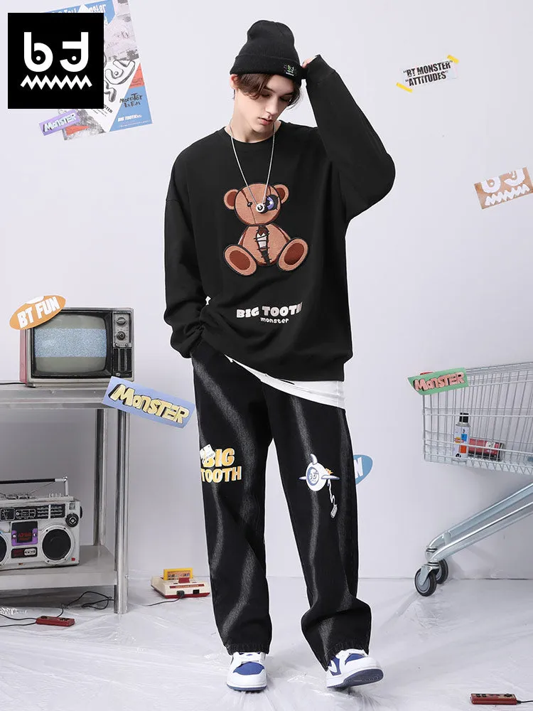 Bear doll monogram embroidered rotund sleeve ribbed cotton hoodie