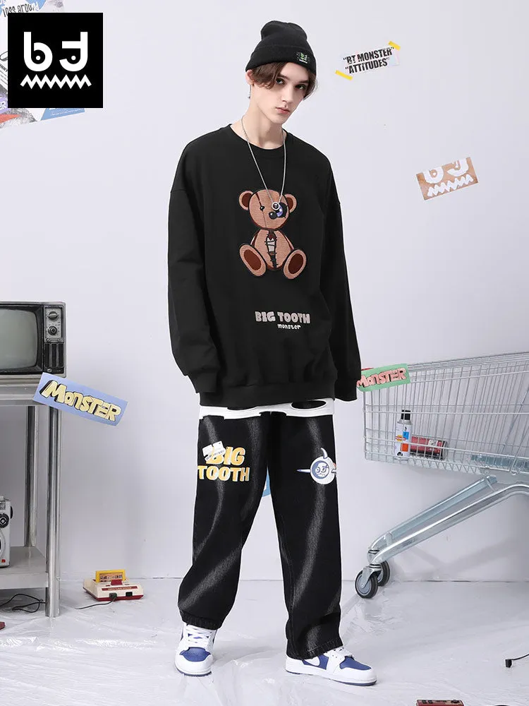 Bear doll monogram embroidered rotund sleeve ribbed cotton hoodie