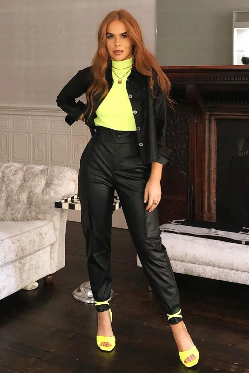 Black Faux Leather Button Up Shirt - Bellarae