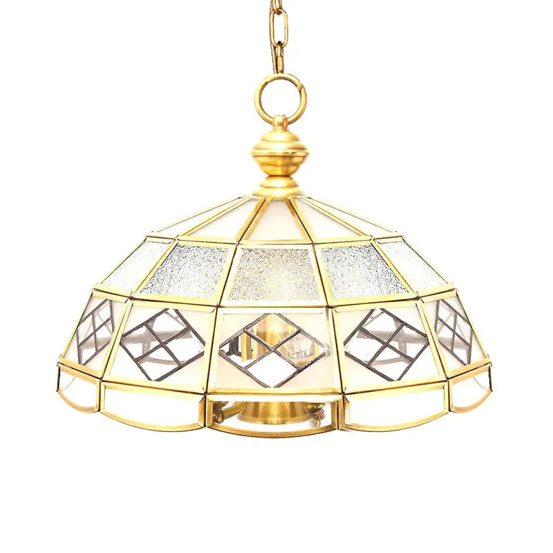 Brass Hemisphere Chandelier Colonial Frosted Glass 4 Bulbs Pendant Light Fixture for Living Room