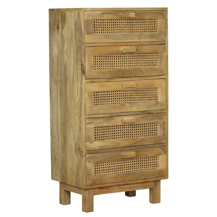 Solid Wood and Rattan Tallboy Chest with 5 Drawers by Byron: Optimize for E-Commerce.