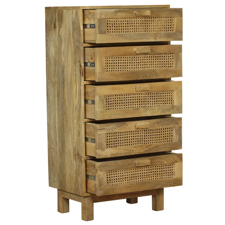 Solid Wood and Rattan Tallboy Chest with 5 Drawers by Byron: Optimize for E-Commerce.