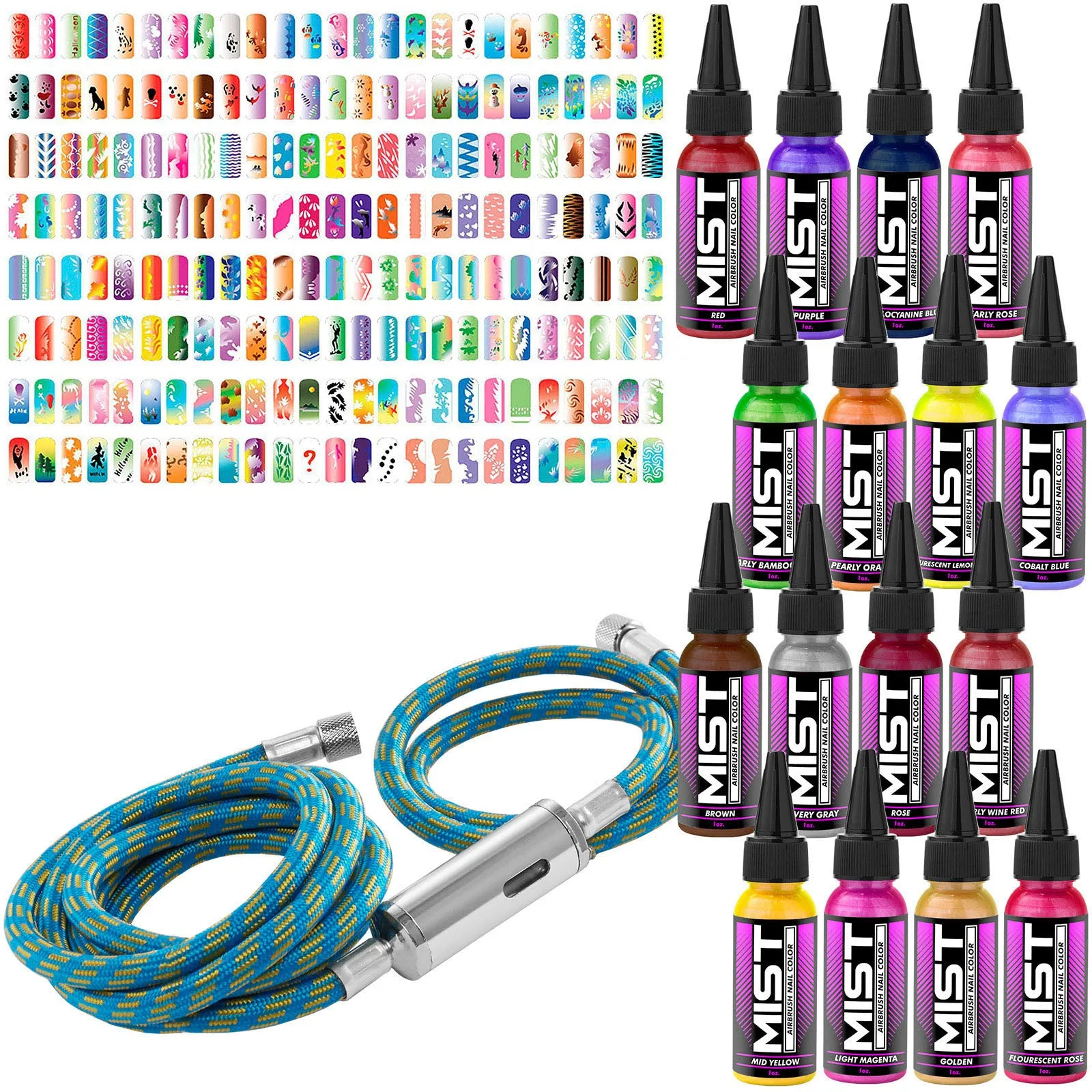 Complete Airbrush Nail Art Kit - 16 Color 240 Stencil Set