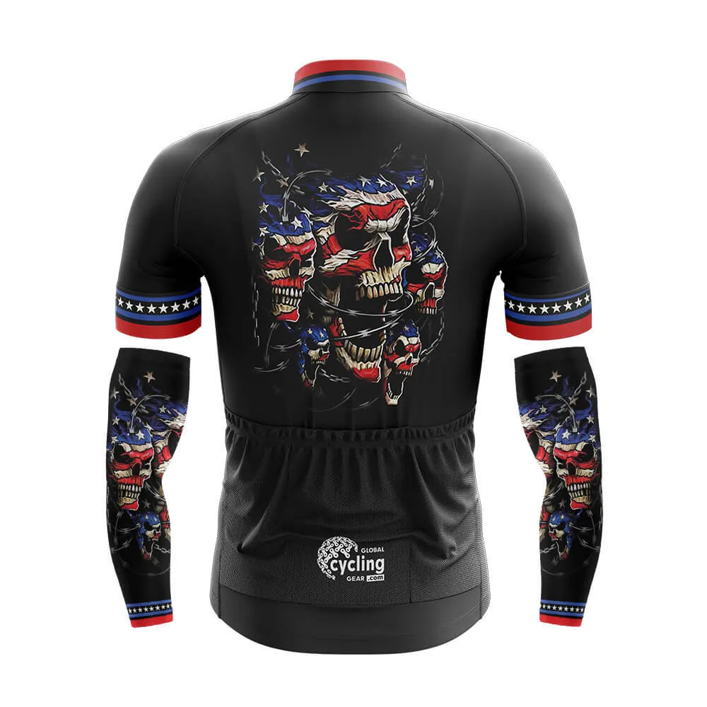 Cool Cycling Jersey With Arm Sleeves USA Flag Skull V3 Mens Black Bike Jersey