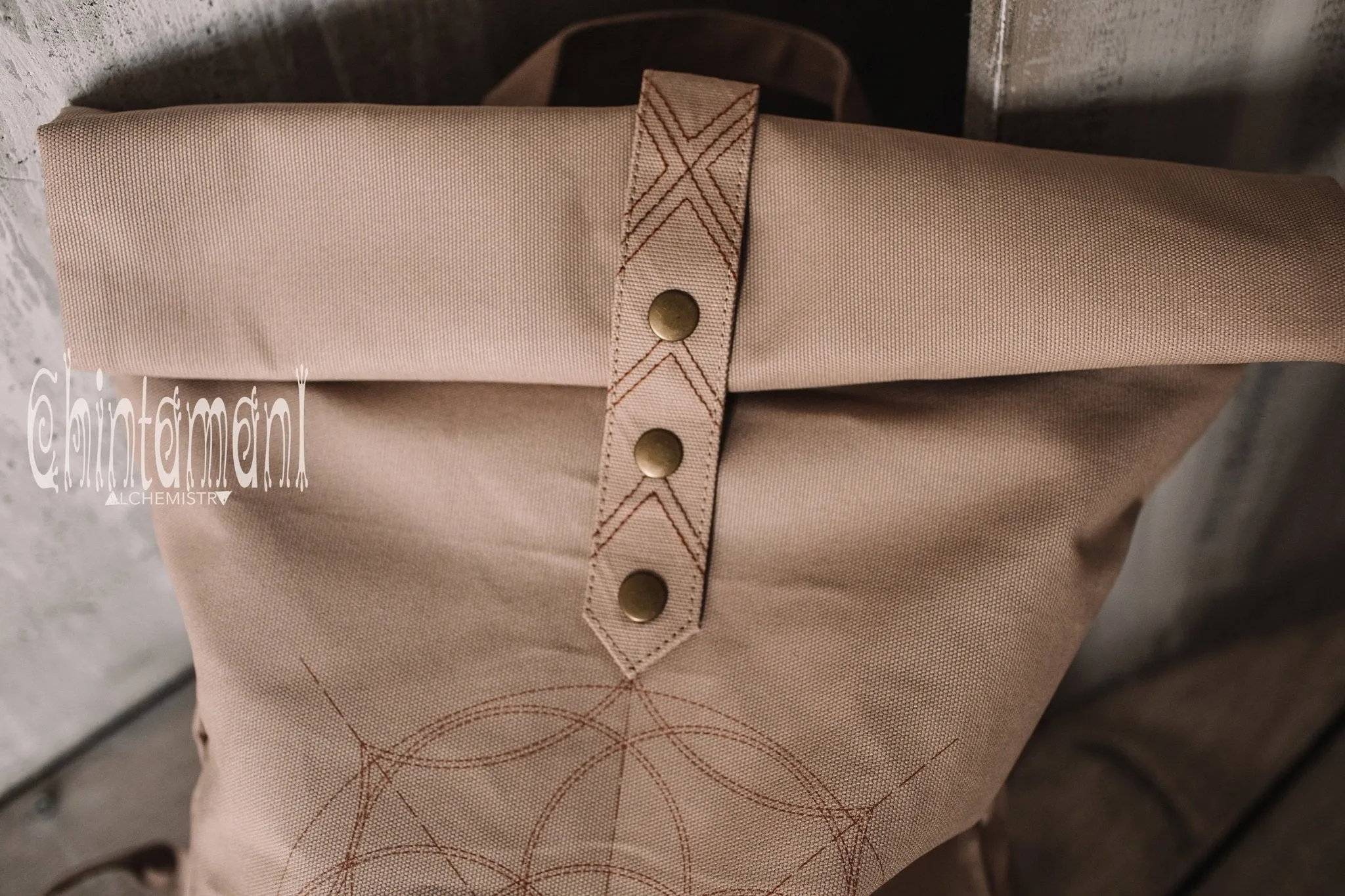 Flower Of Life Huge Roll Top Laptop Backpack / Atua Tino / Beige