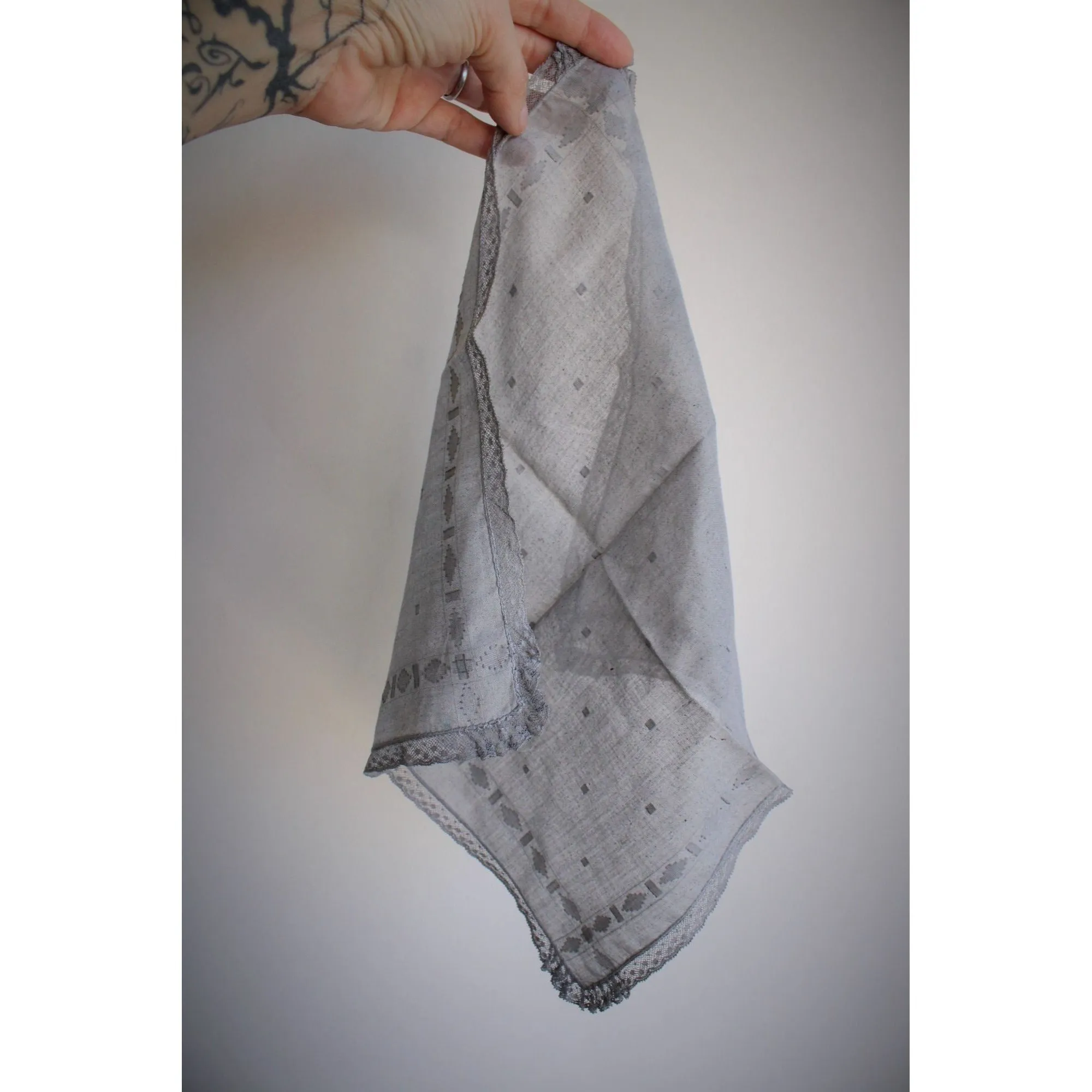 Hand Plant Dyed Blue Gray Handkerchief with Lace Trim