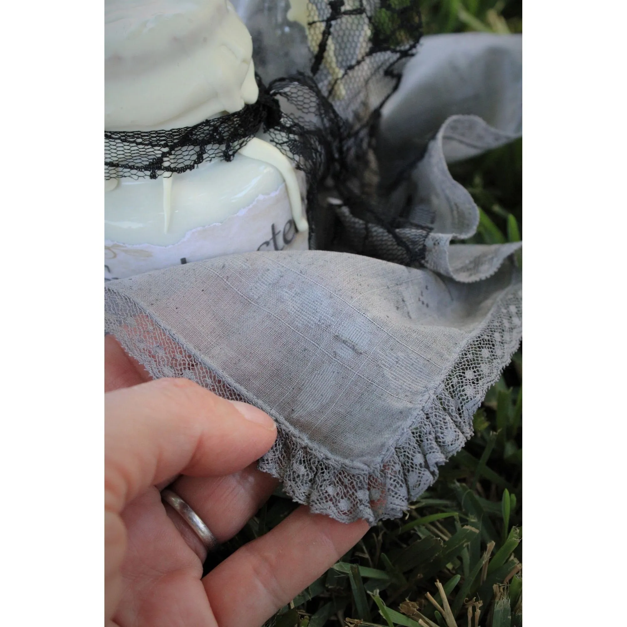 Hand Plant Dyed Blue Gray Handkerchief with Lace Trim