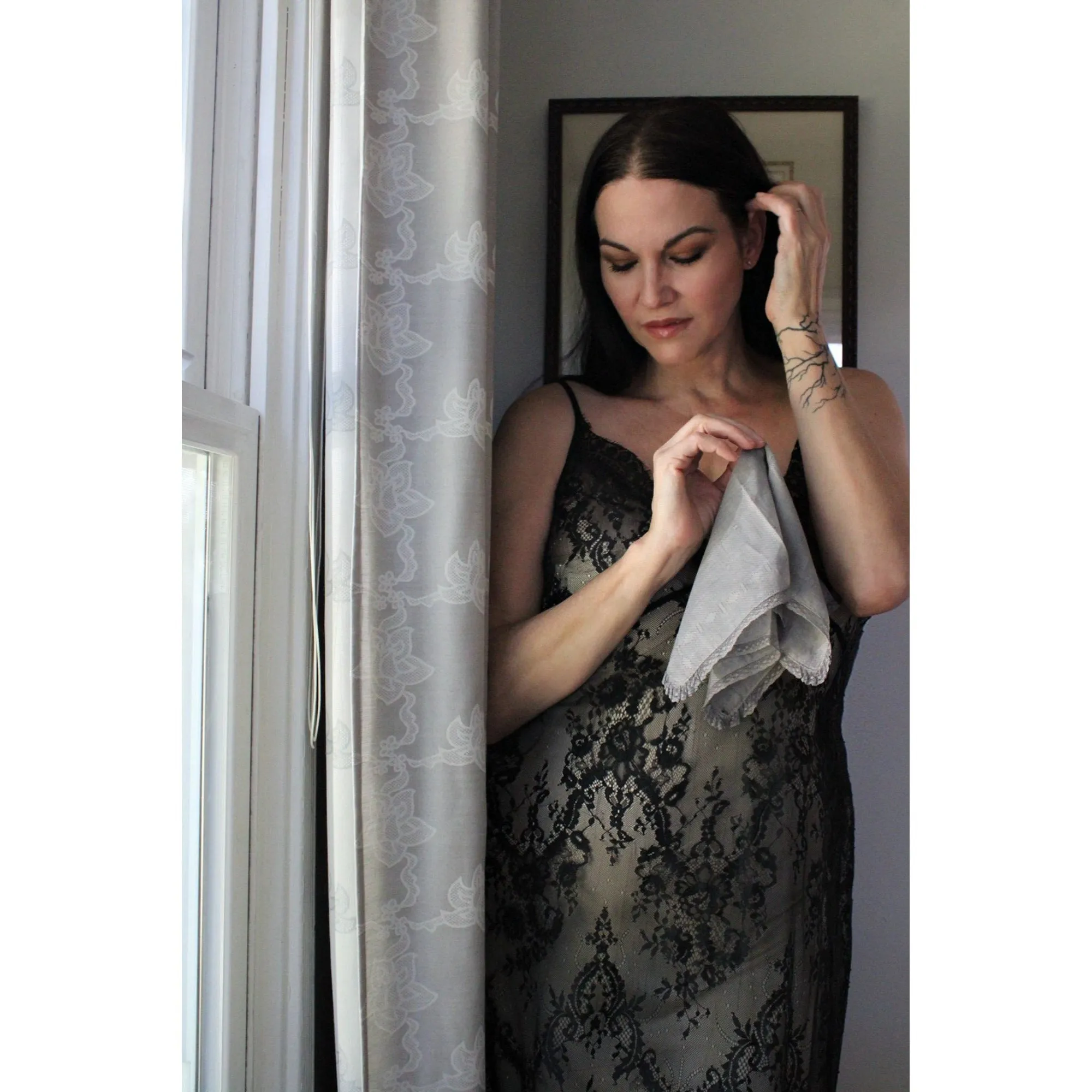 Hand Plant Dyed Blue Gray Handkerchief with Lace Trim