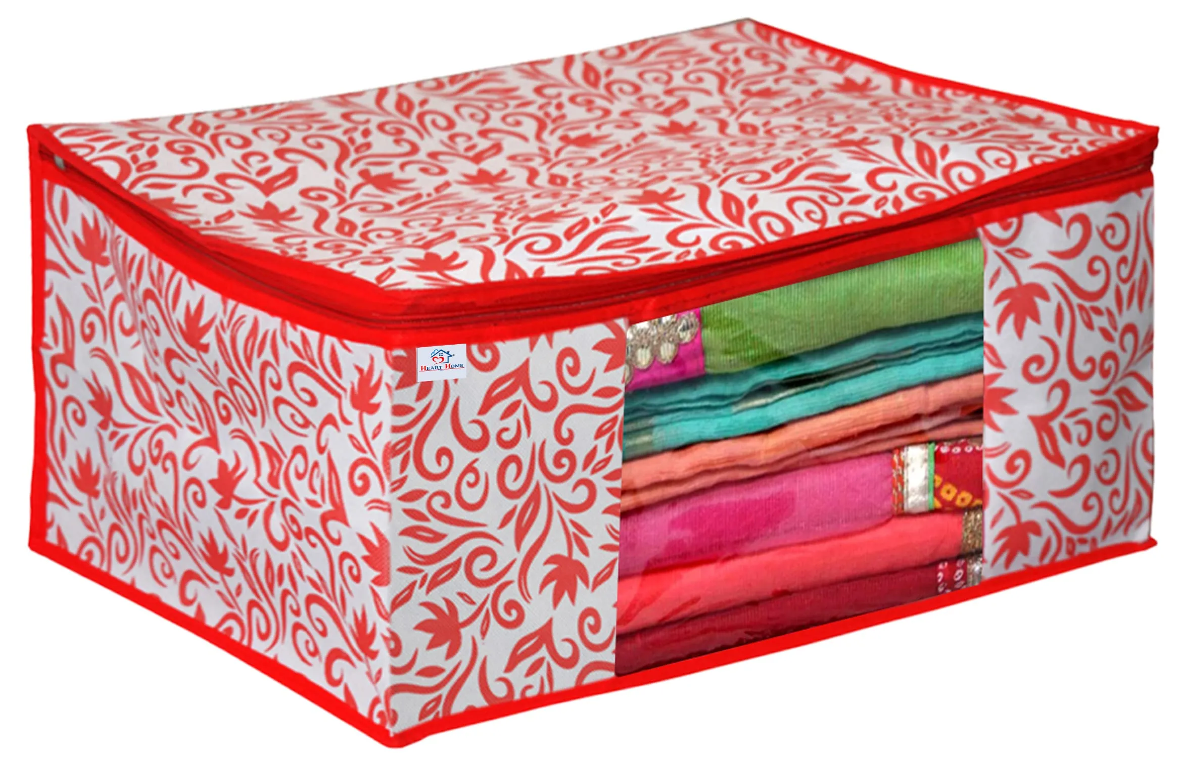 Heart Home Floral Printed Non-Woven Saree Cover, Clothes Organiser, Storage Bag For Wardrobe With Tranasparent Window- Pack of 3 (Pink)-HS43HEARTH26108