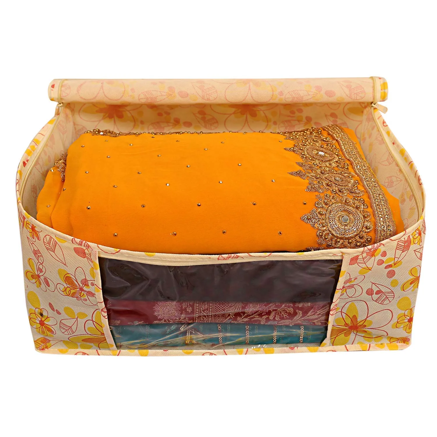 Heart Home Flower Printed Non-Woven Saree Cover, Clothes Organiser, Storage Bag For Wardrobe With Tranasparent Window- Pack of 12 (Yellow)-HS43HEARTH26126