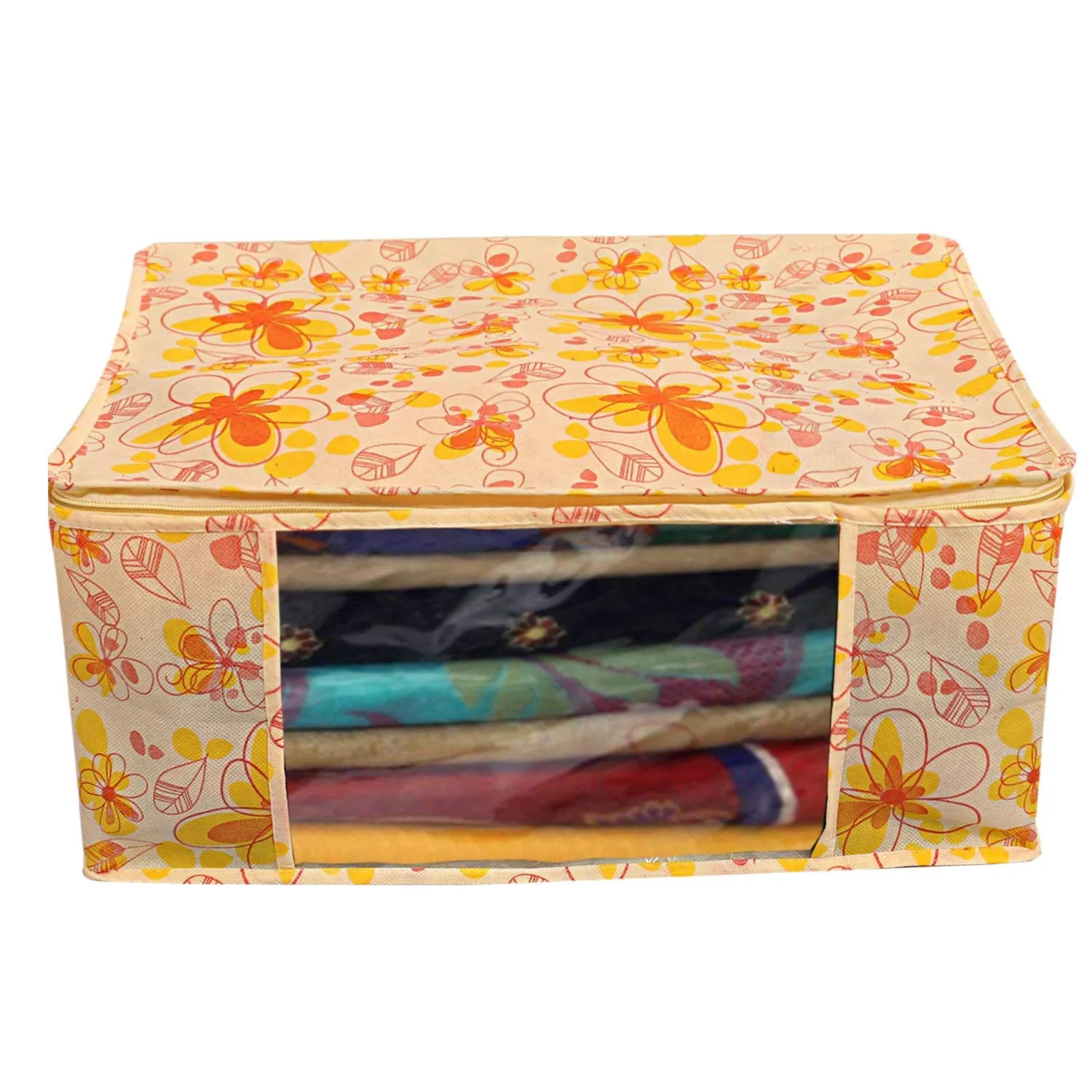 Heart Home Flower Printed Non-Woven Saree Cover, Clothes Organiser, Storage Bag For Wardrobe With Tranasparent Window- Pack of 12 (Yellow)-HS43HEARTH26126