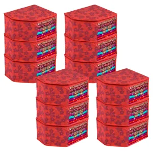 Kuber Industries Blouse Cover | Clothes Storage Bag | Zipper Wardrobe Organizers | Non-Woven Clothes Organiser | Side Transparent Blouse Organizer | New Flower-Design | Pack of 12 | Red