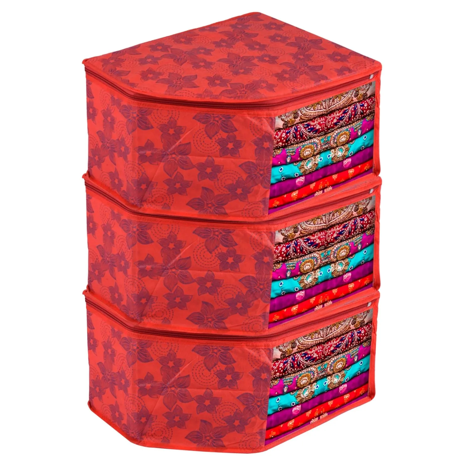 Kuber Industries Blouse Cover | Clothes Storage Bag | Zipper Wardrobe Organizers | Non-Woven Clothes Organiser | Side Transparent Blouse Organizer | New Flower-Design | Pack of 3 | Red