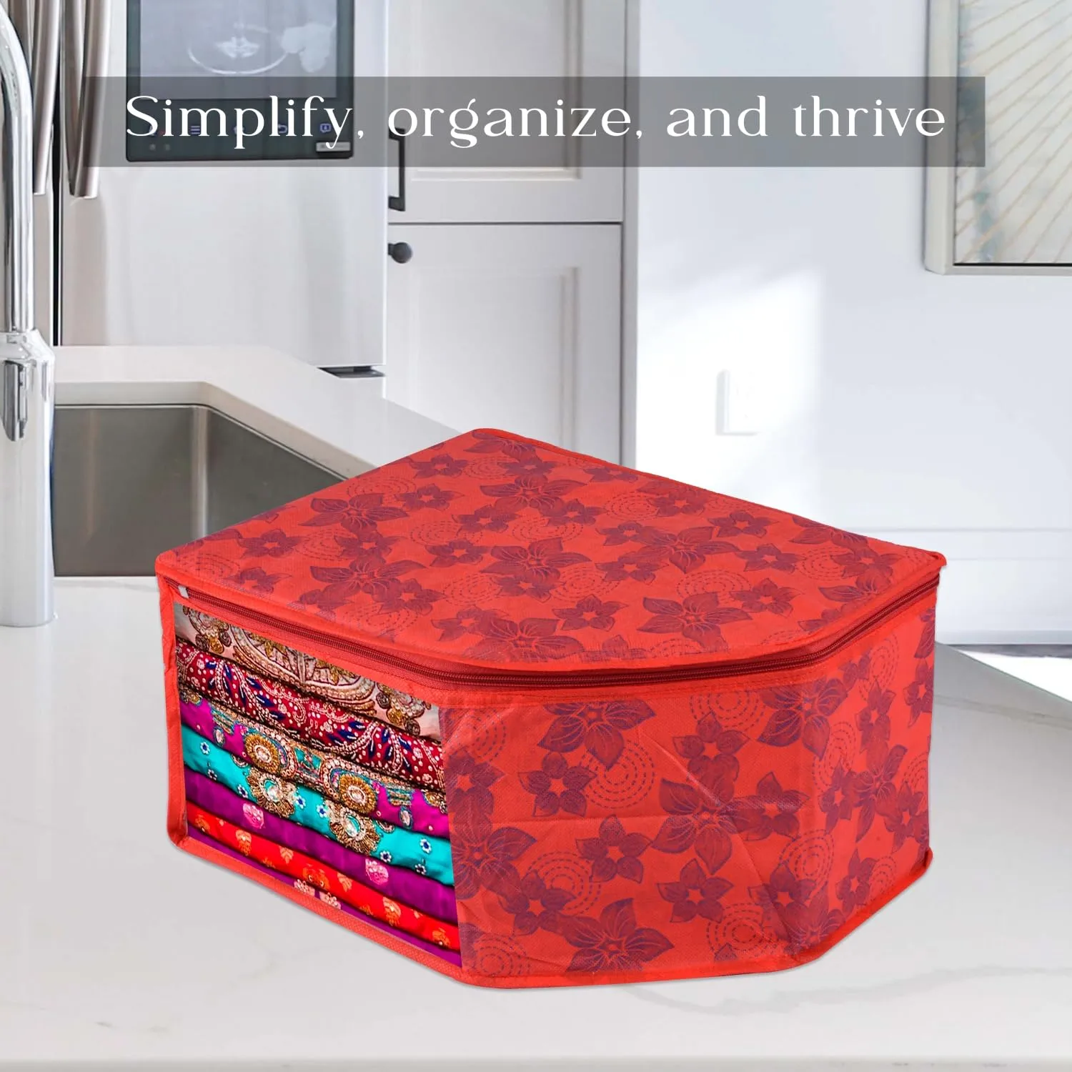 Kuber Industries Blouse Cover | Clothes Storage Bag | Zipper Wardrobe Organizers | Non-Woven Clothes Organiser | Side Transparent Blouse Organizer | New Flower-Design | Pack of 3 | Red