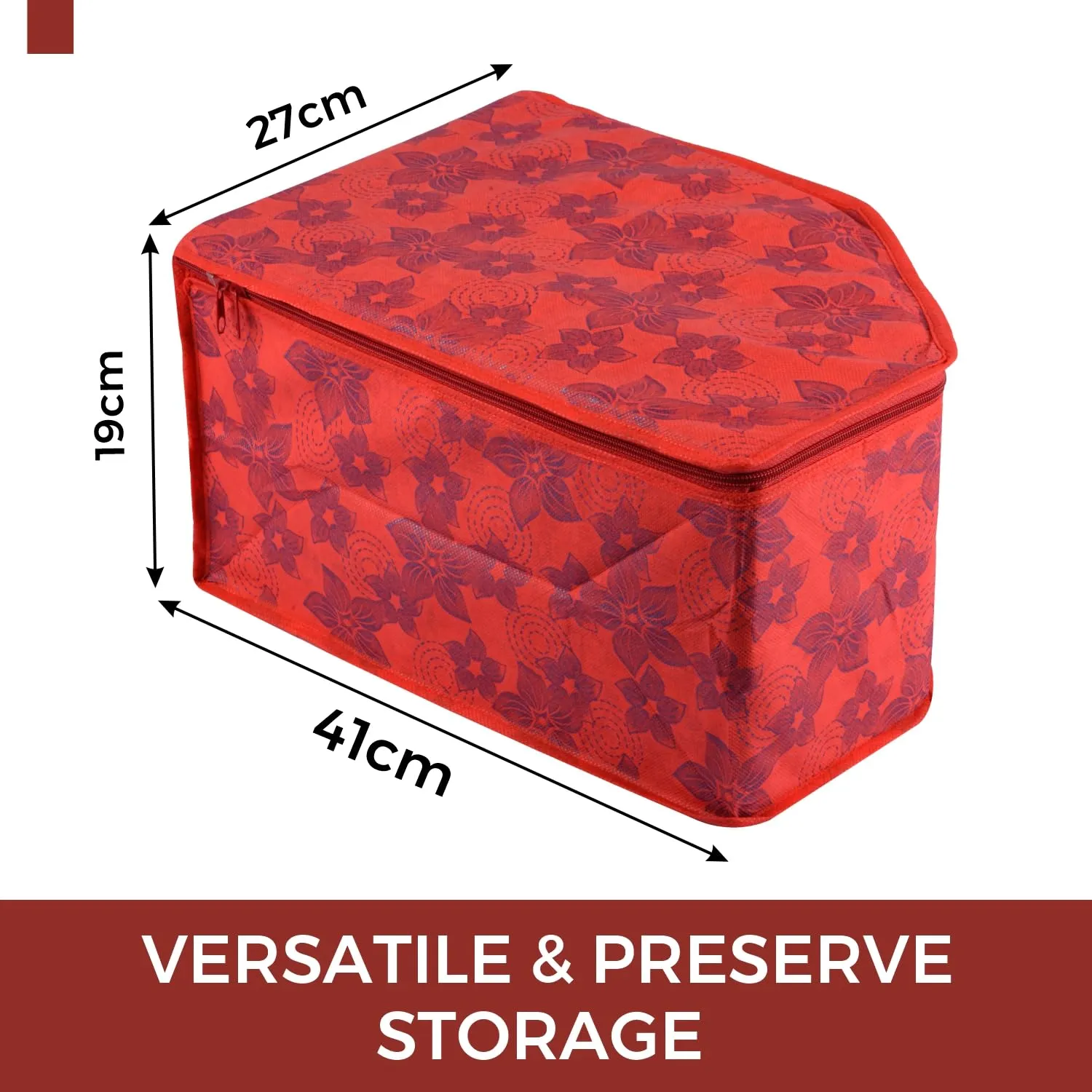 Kuber Industries Blouse Cover | Clothes Storage Bag | Zipper Wardrobe Organizers | Non-Woven Clothes Organiser | Side Transparent Blouse Organizer | New Flower-Design | Pack of 3 | Red