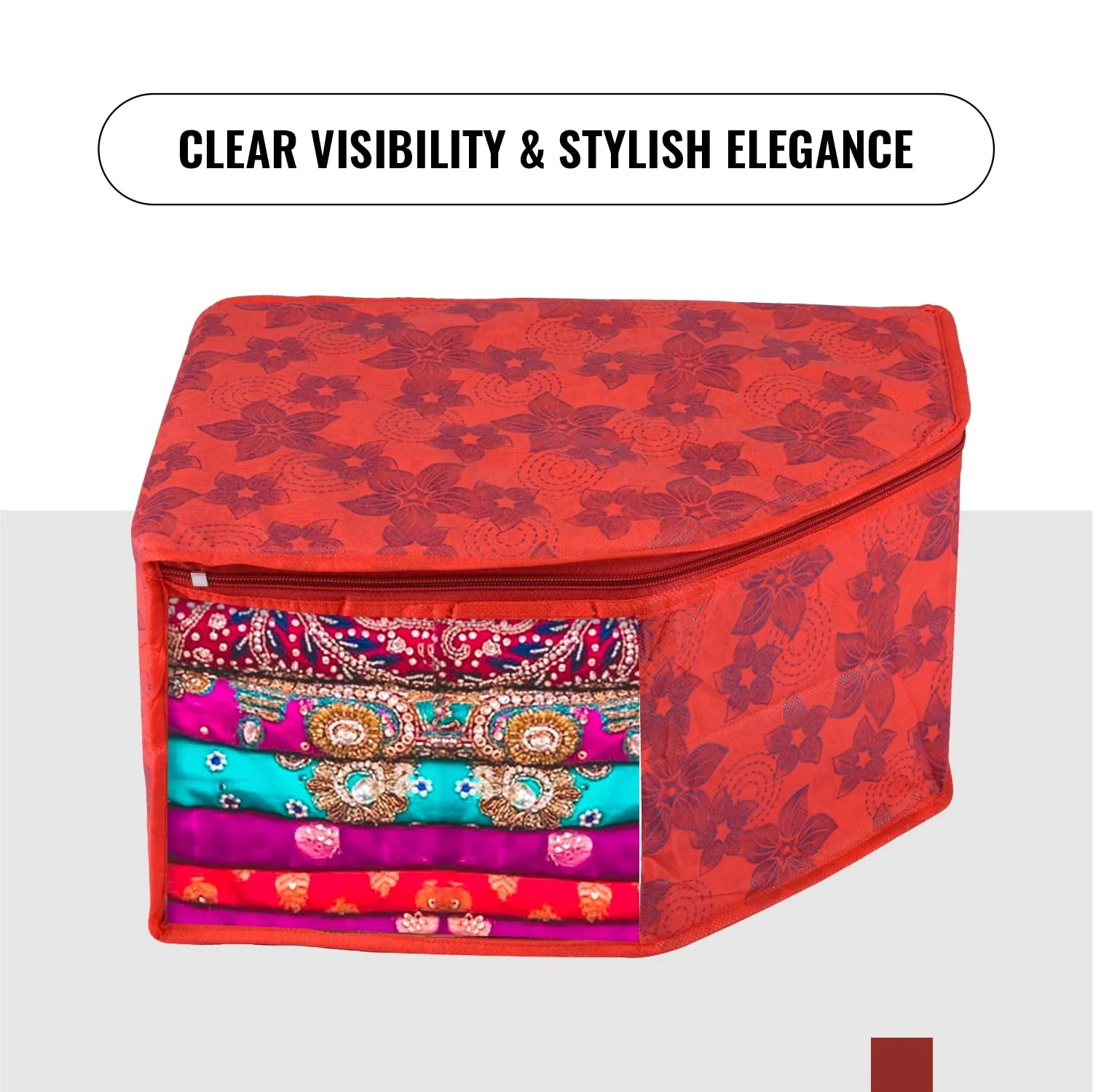 Kuber Industries Blouse Cover | Clothes Storage Bag | Zipper Wardrobe Organizers | Non-Woven Clothes Organiser | Side Transparent Blouse Organizer | New Flower-Design | Pack of 3 | Red