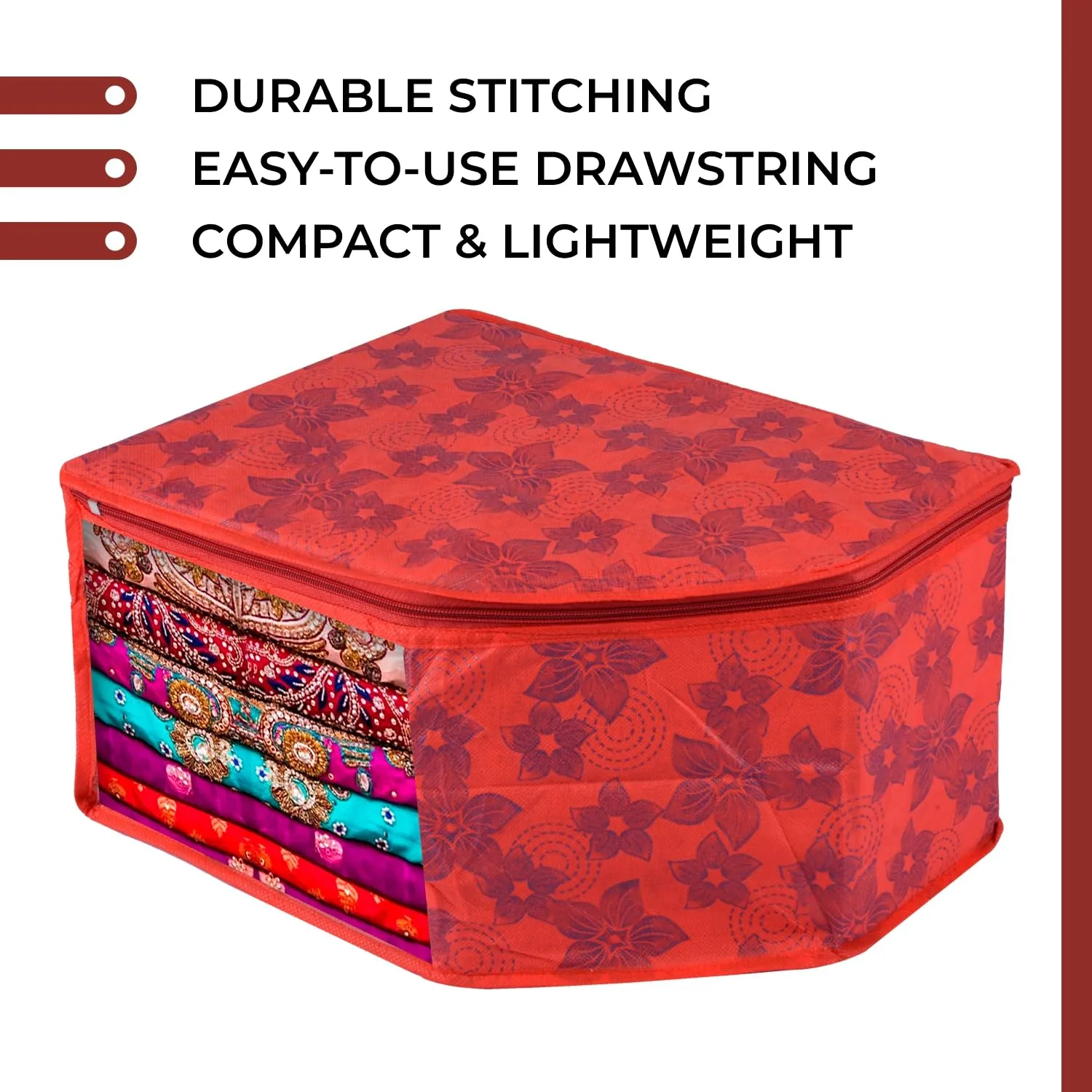 Kuber Industries Blouse Cover | Clothes Storage Bag | Zipper Wardrobe Organizers | Non-Woven Clothes Organiser | Side Transparent Blouse Organizer | New Flower-Design | Pack of 3 | Red