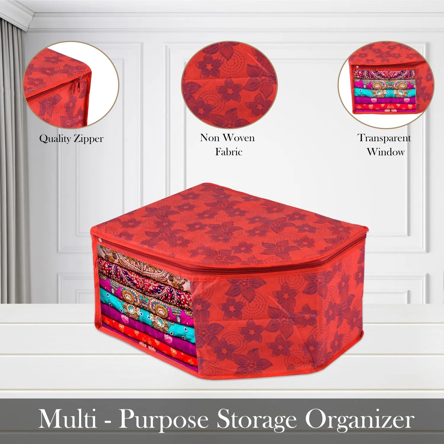 Kuber Industries Blouse Cover | Clothes Storage Bag | Zipper Wardrobe Organizers | Non-Woven Clothes Organiser | Side Transparent Blouse Organizer | New Flower-Design | Pack of 3 | Red