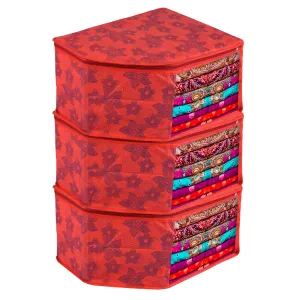 Kuber Industries Blouse Cover | Clothes Storage Bag | Zipper Wardrobe Organizers | Non-Woven Clothes Organiser | Side Transparent Blouse Organizer | New Flower-Design | Pack of 3 | Red