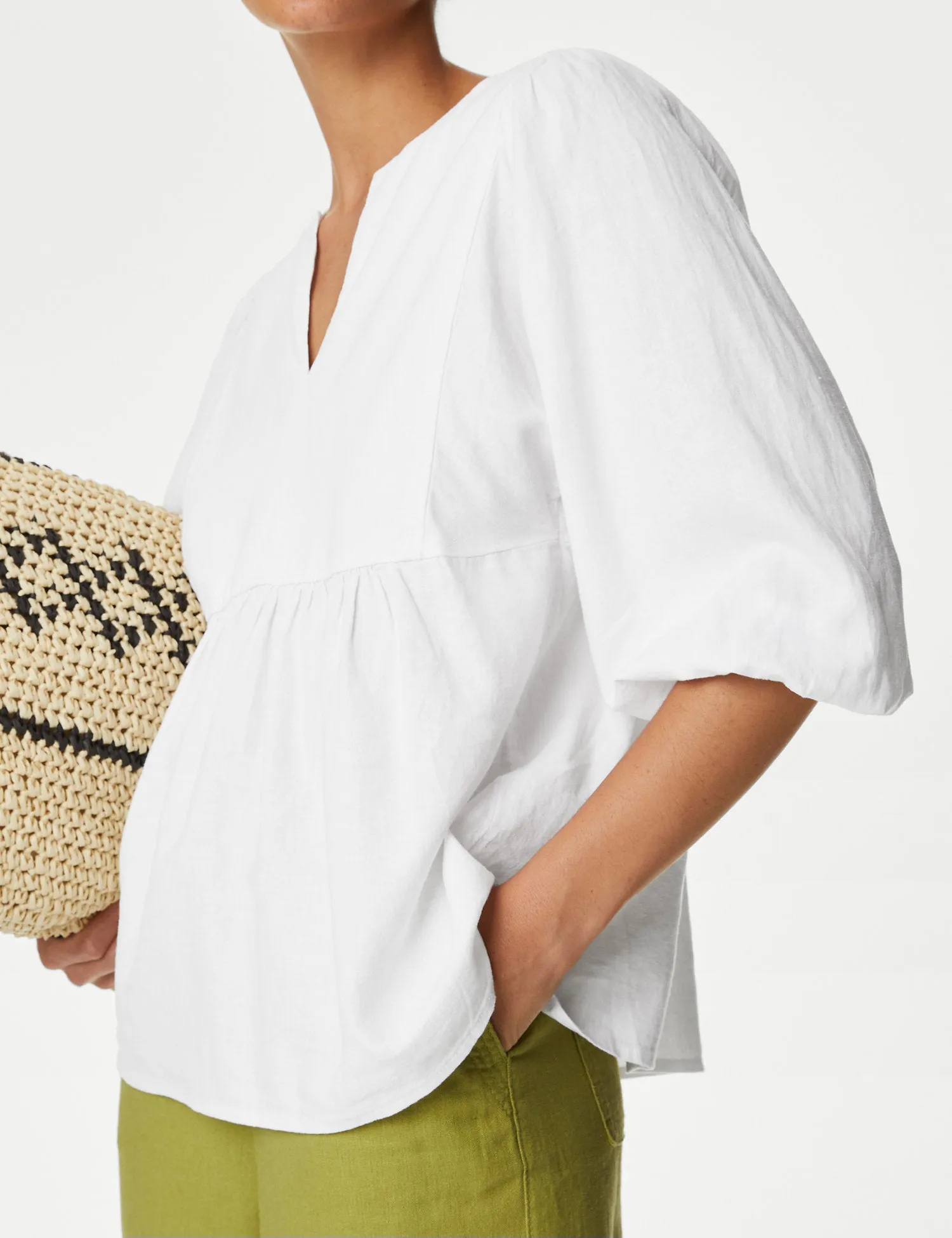 Linen Rich V-Neck Puff Sleeve Blouse