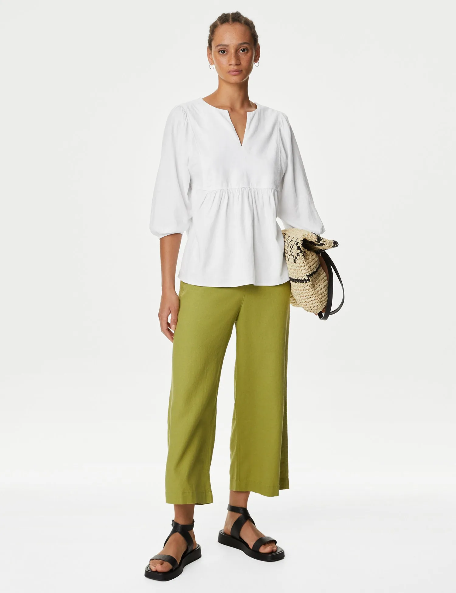 Linen Rich V-Neck Puff Sleeve Blouse