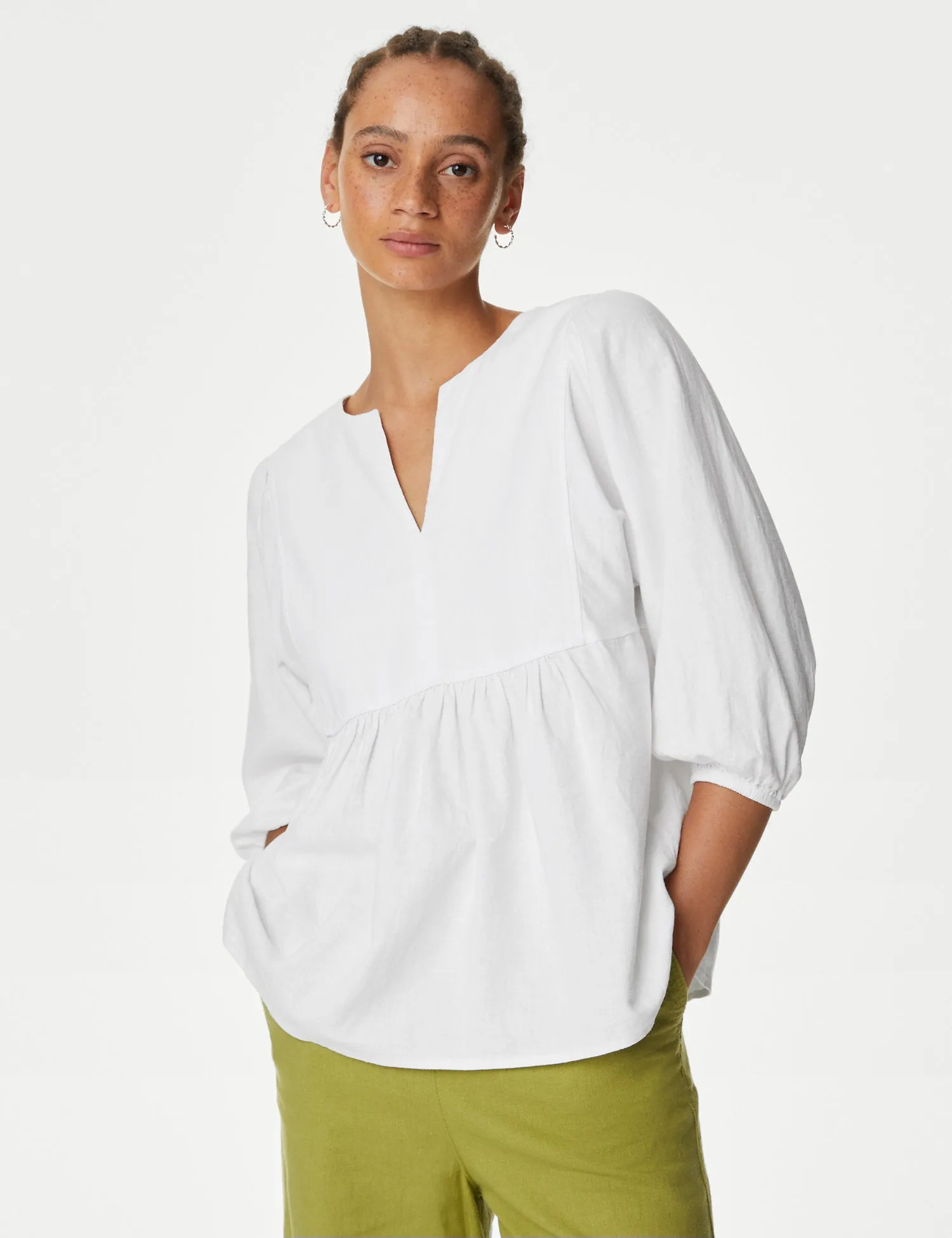 Linen Rich V-Neck Puff Sleeve Blouse
