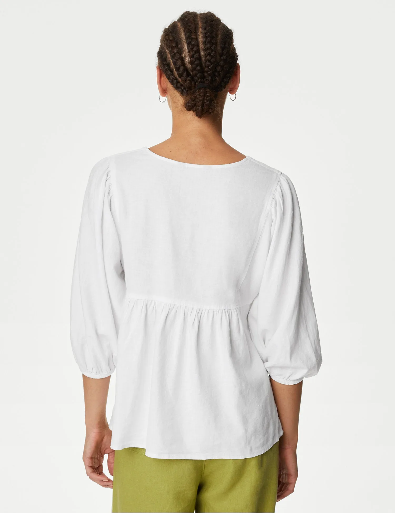 Linen Rich V-Neck Puff Sleeve Blouse