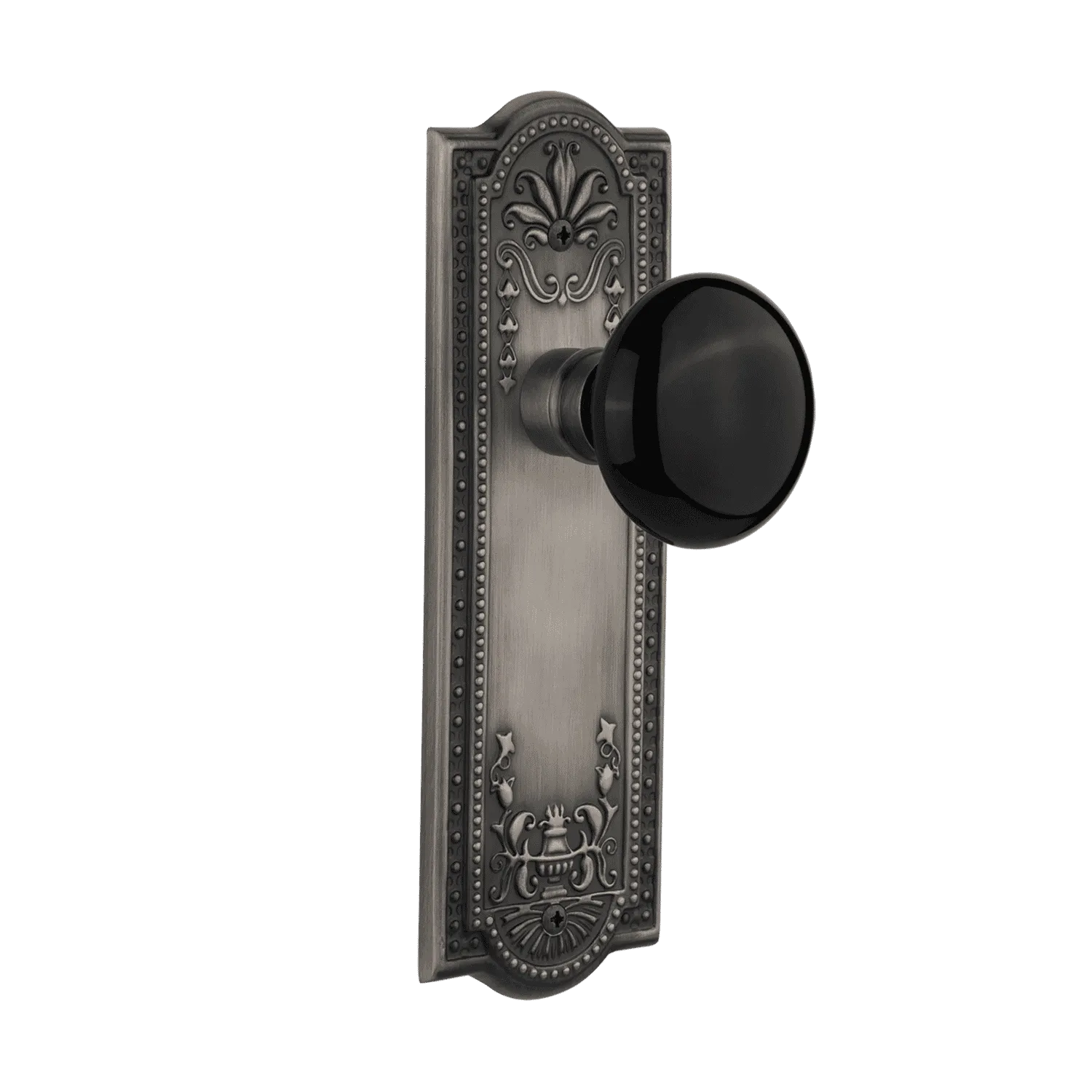 Meadows Long Plate with Black Porcelain Knob in Antique Pewter