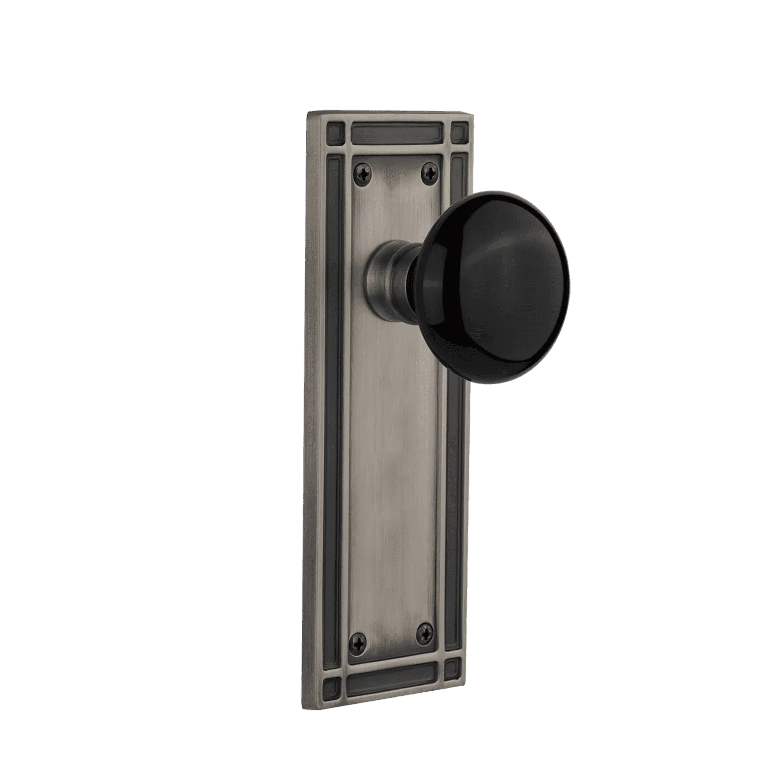 Mission Long Plate with Black Porcelain Knob in Antique Pewter