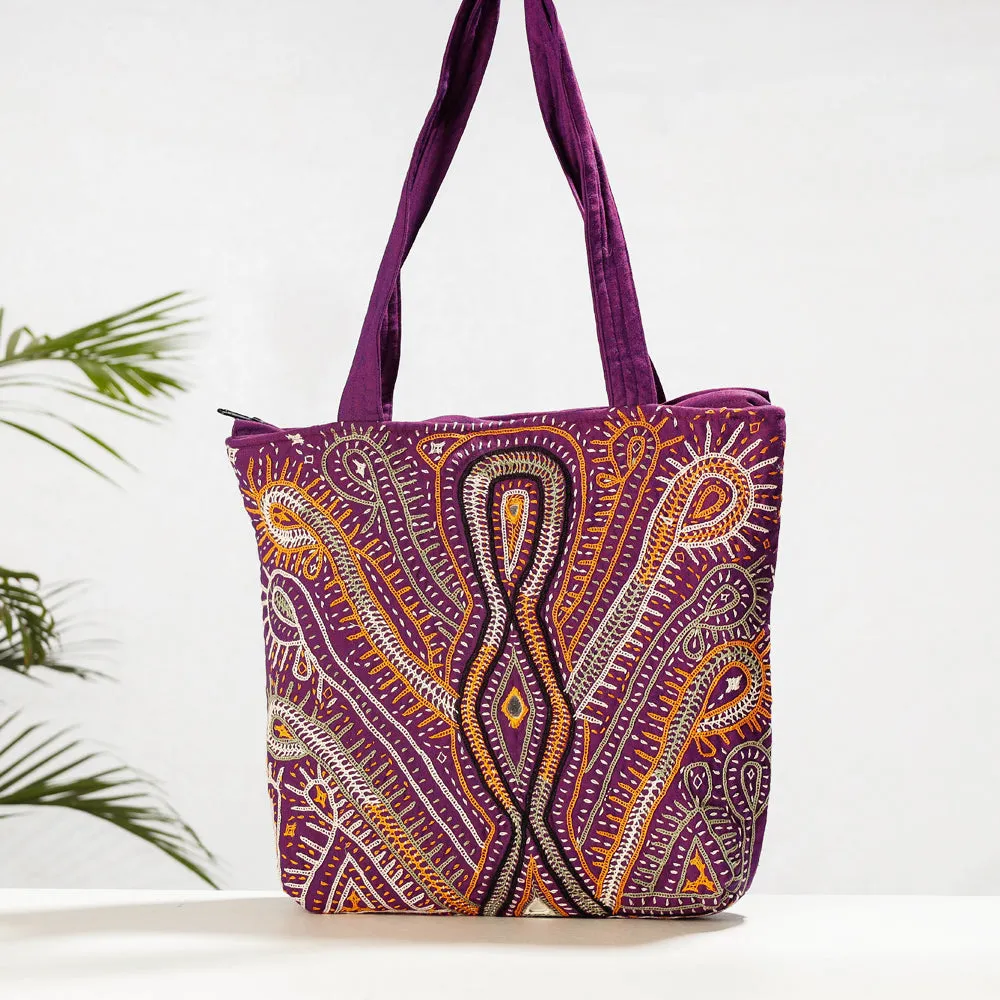 Purple - Kala Raksha Rabari Hand Embroidered Cotton Shoulder Bag