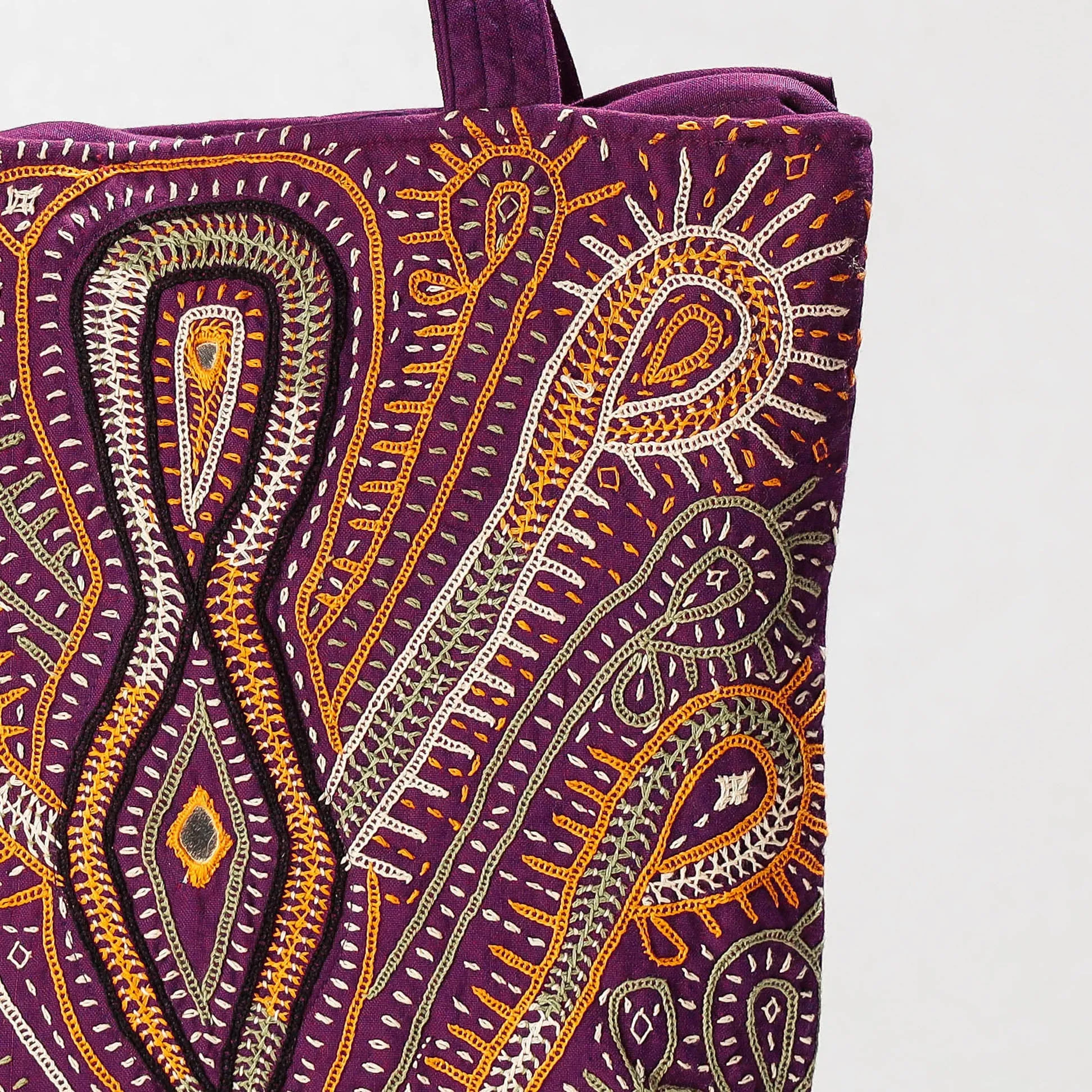 Purple - Kala Raksha Rabari Hand Embroidered Cotton Shoulder Bag