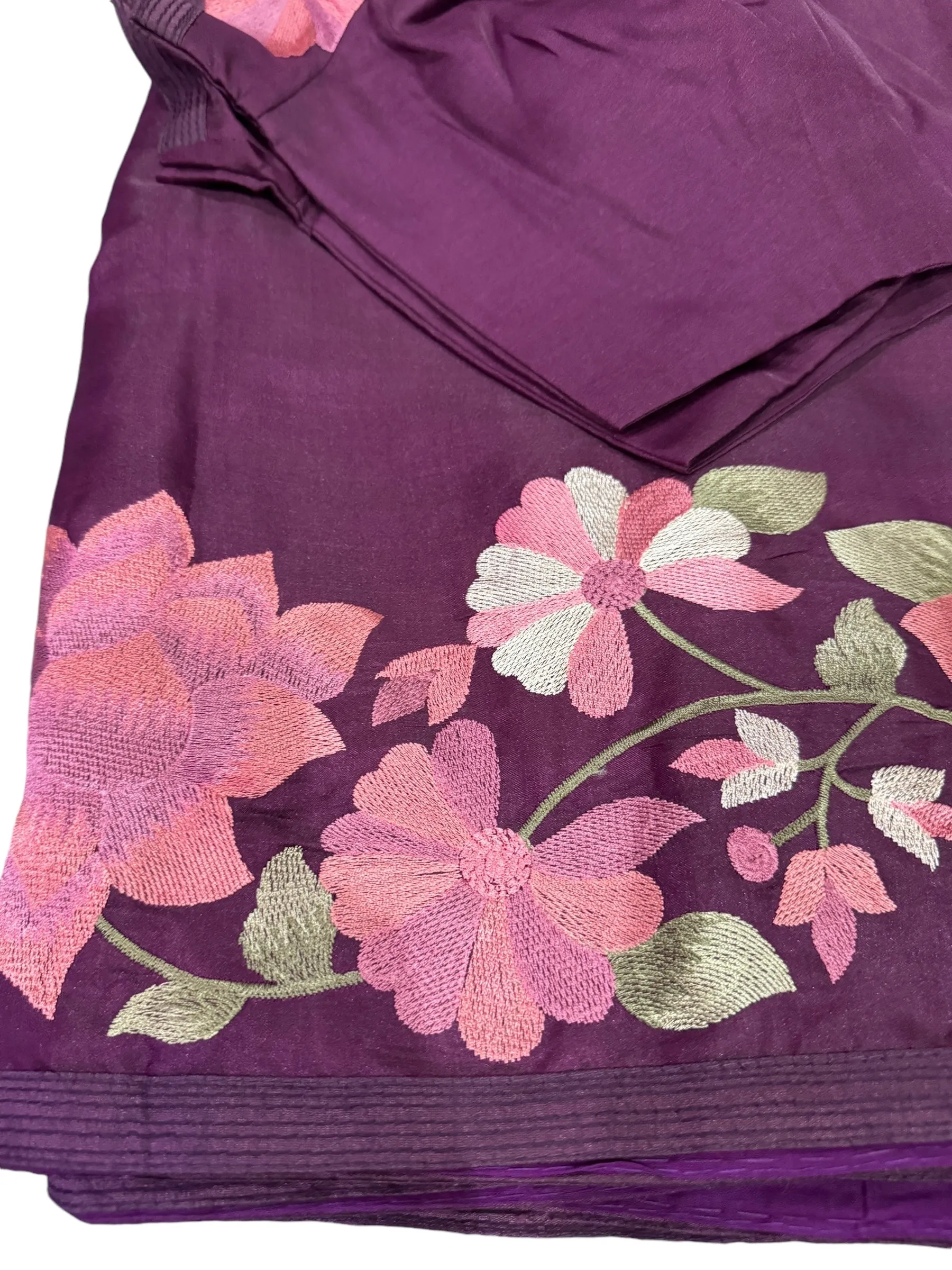 REGAL PURPLE DOLA SILK TUSAR SAREE WITH INTRICATE FLORAL EMBROIDERY