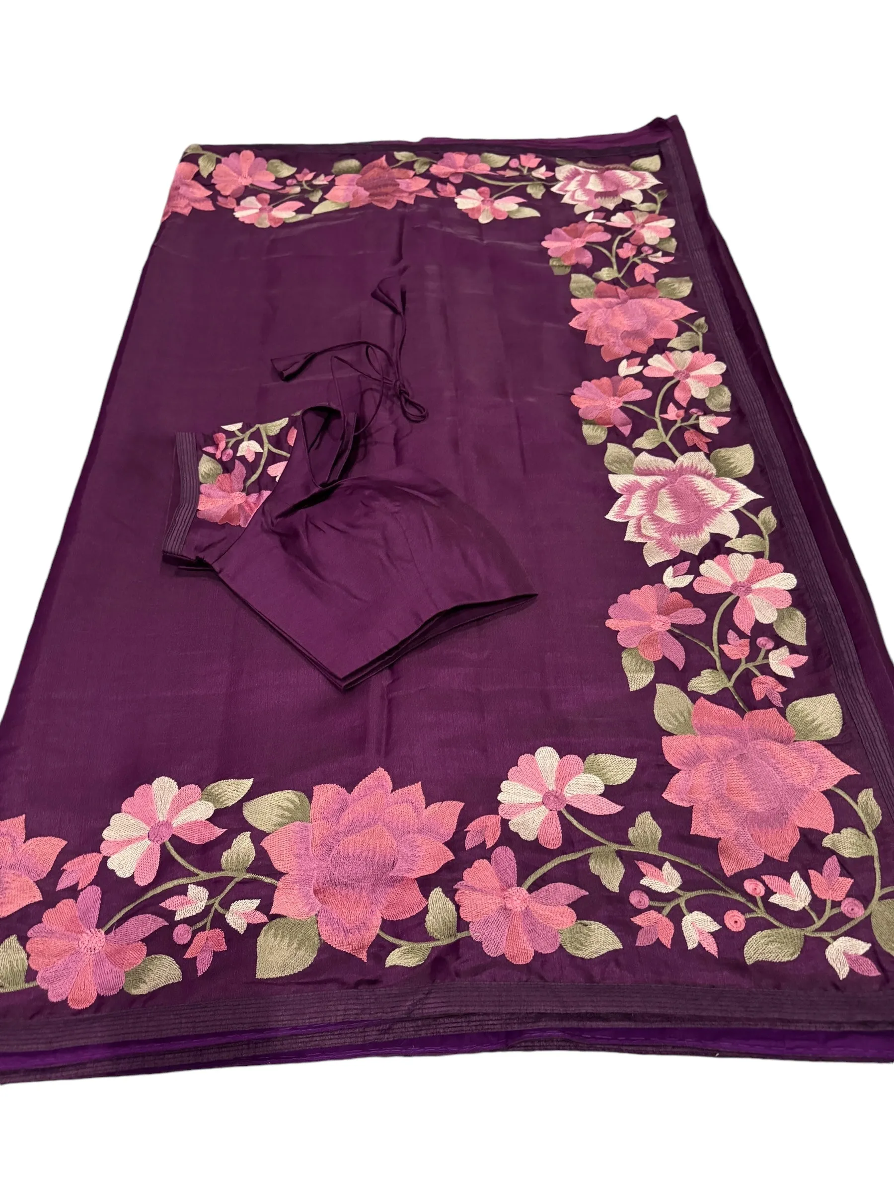 REGAL PURPLE DOLA SILK TUSAR SAREE WITH INTRICATE FLORAL EMBROIDERY