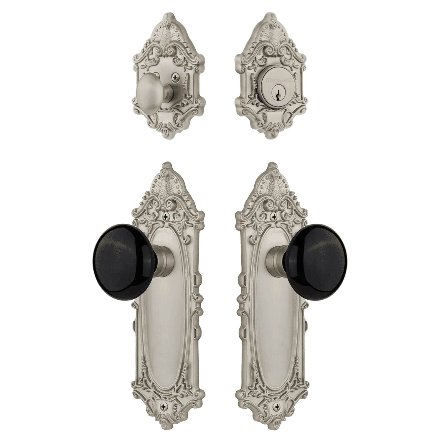 Victorian Entry Set with Black Porcelain Knob in Satin Nickel