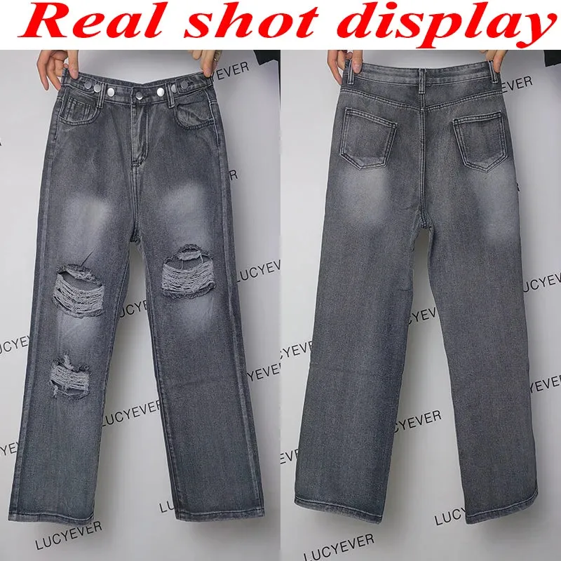 Vintage Ripped Women Jeans Autumn New High Waist Denim Wide Leg Trousers Woman Teens Y2K Streetwear Loose Casual Pants
