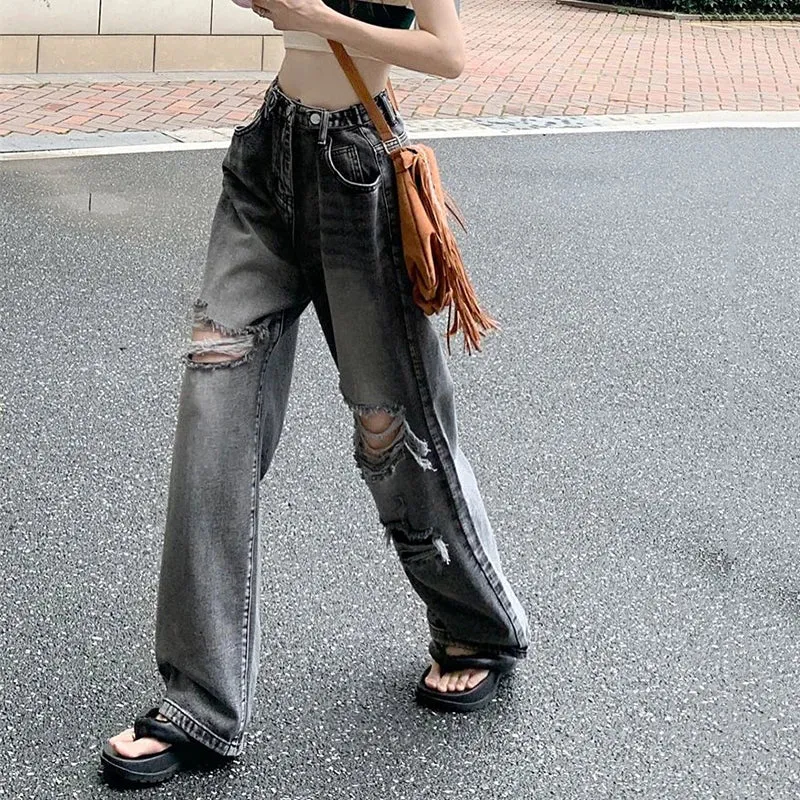 Vintage Ripped Women Jeans Autumn New High Waist Denim Wide Leg Trousers Woman Teens Y2K Streetwear Loose Casual Pants