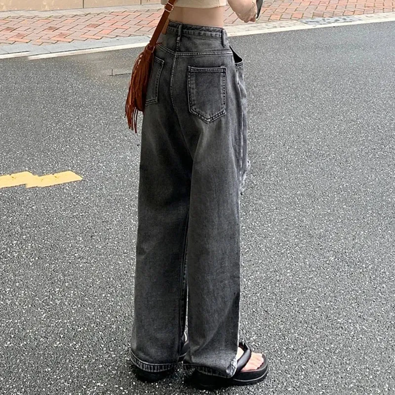 Vintage Ripped Women Jeans Autumn New High Waist Denim Wide Leg Trousers Woman Teens Y2K Streetwear Loose Casual Pants