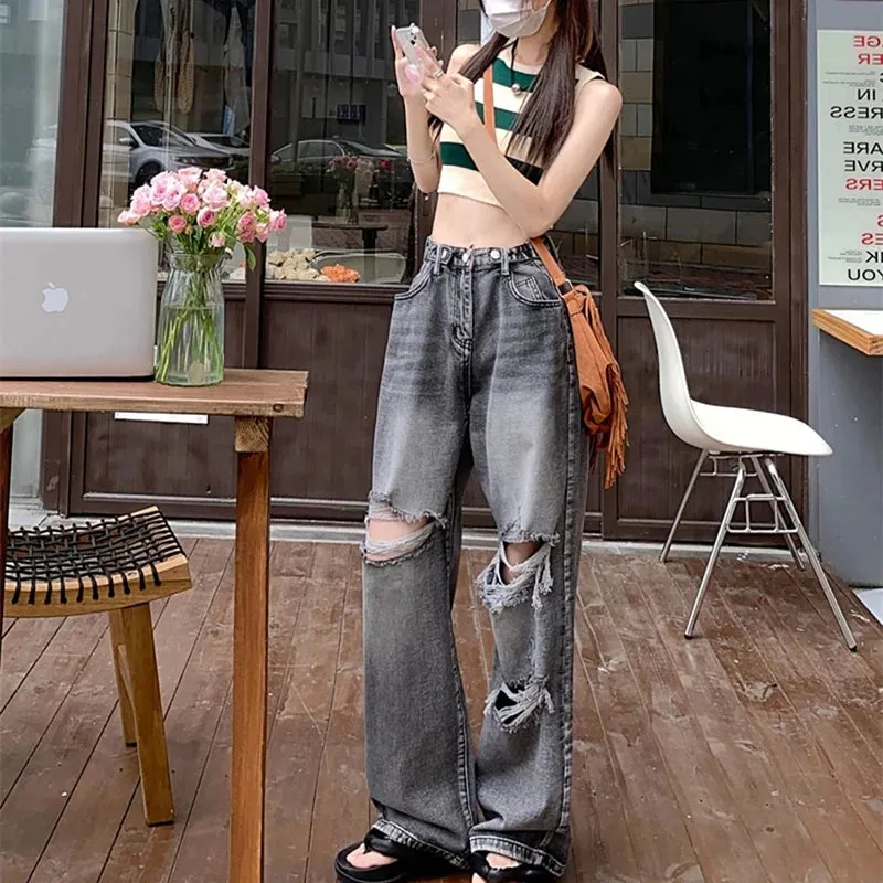 Vintage Ripped Women Jeans Autumn New High Waist Denim Wide Leg Trousers Woman Teens Y2K Streetwear Loose Casual Pants